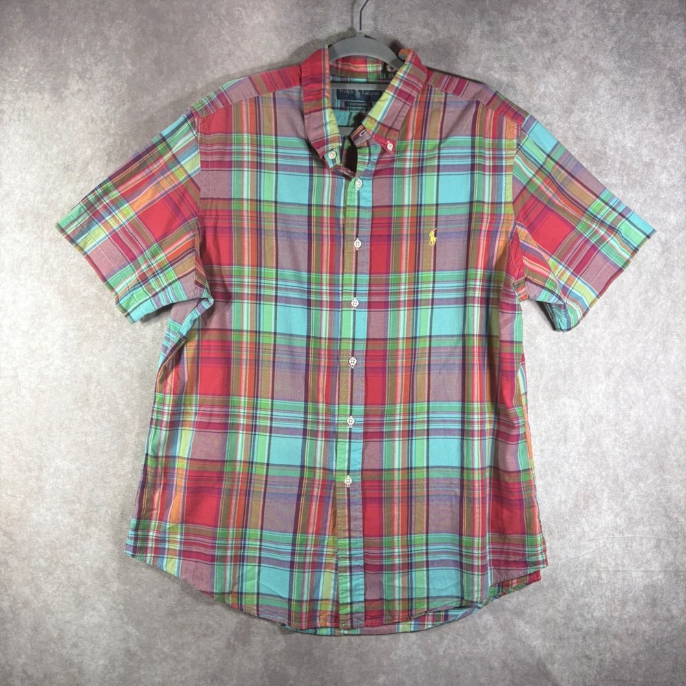 Ralph Lauren Button Down Shirt Men XL Multi Madras Plaid Custom Fit Short Sleeve